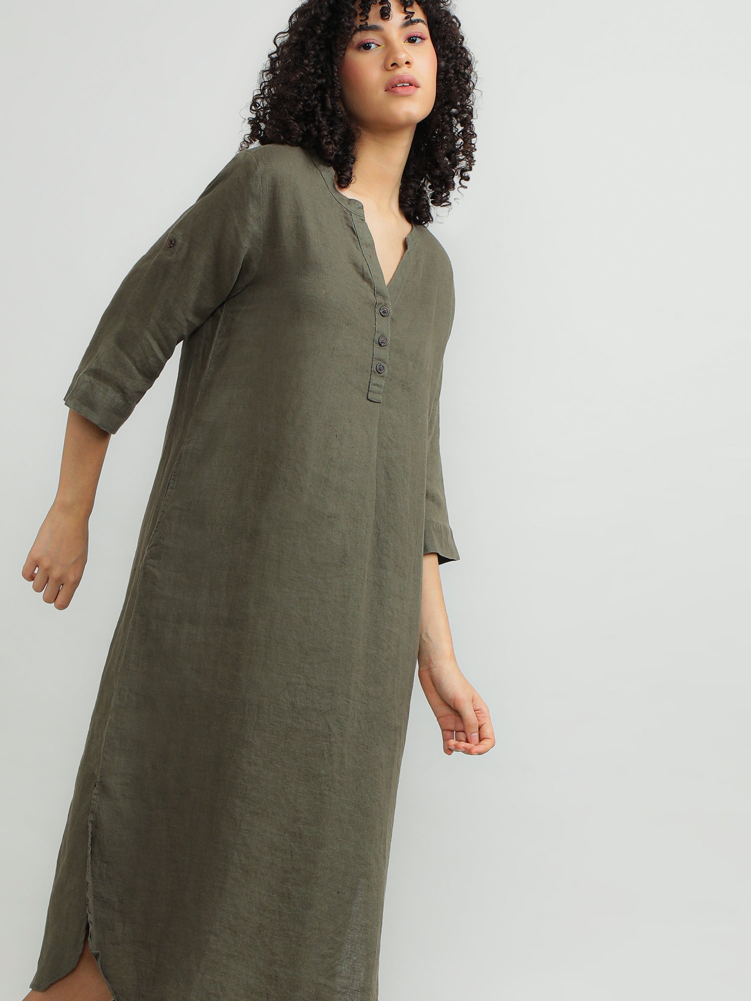 Women Linen Olive Relaxed Dress