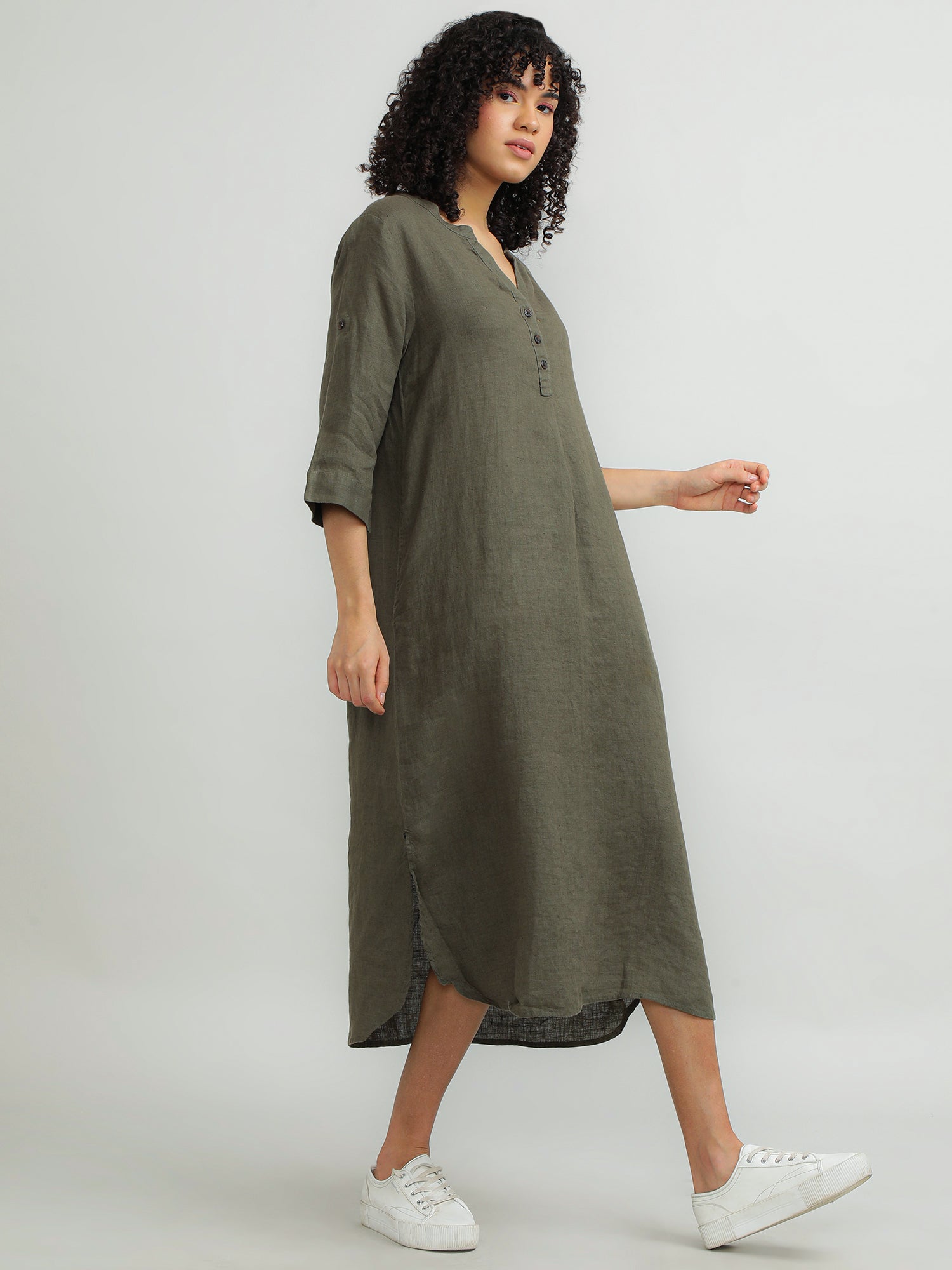 Women Linen Olive Relaxed Dress