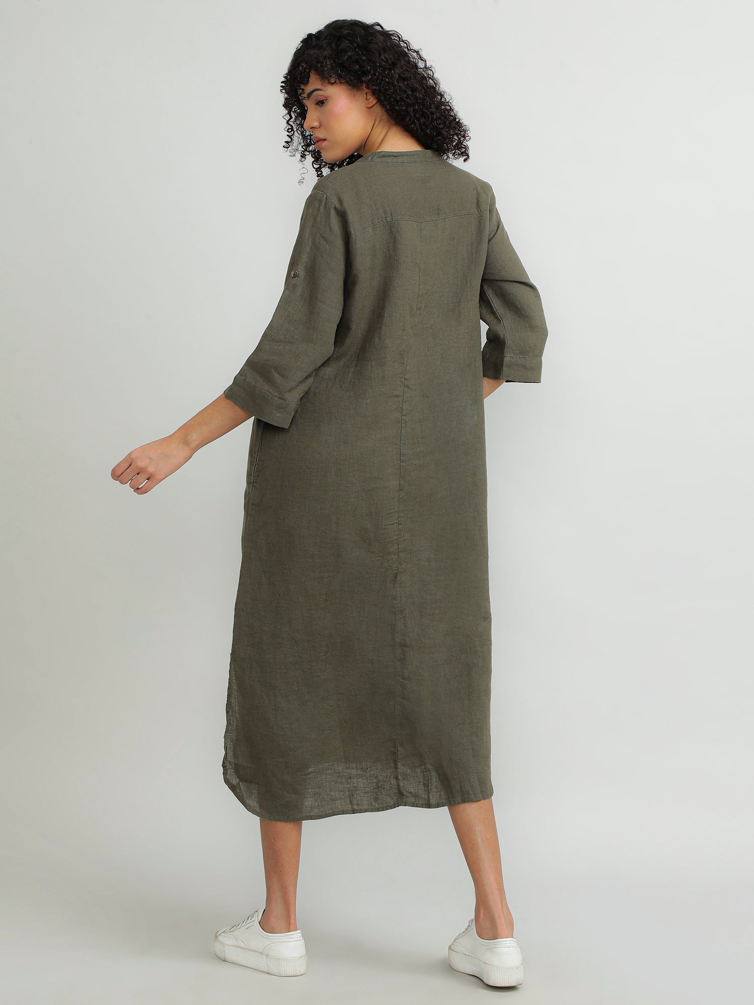 Women Linen Olive Relaxed Dress