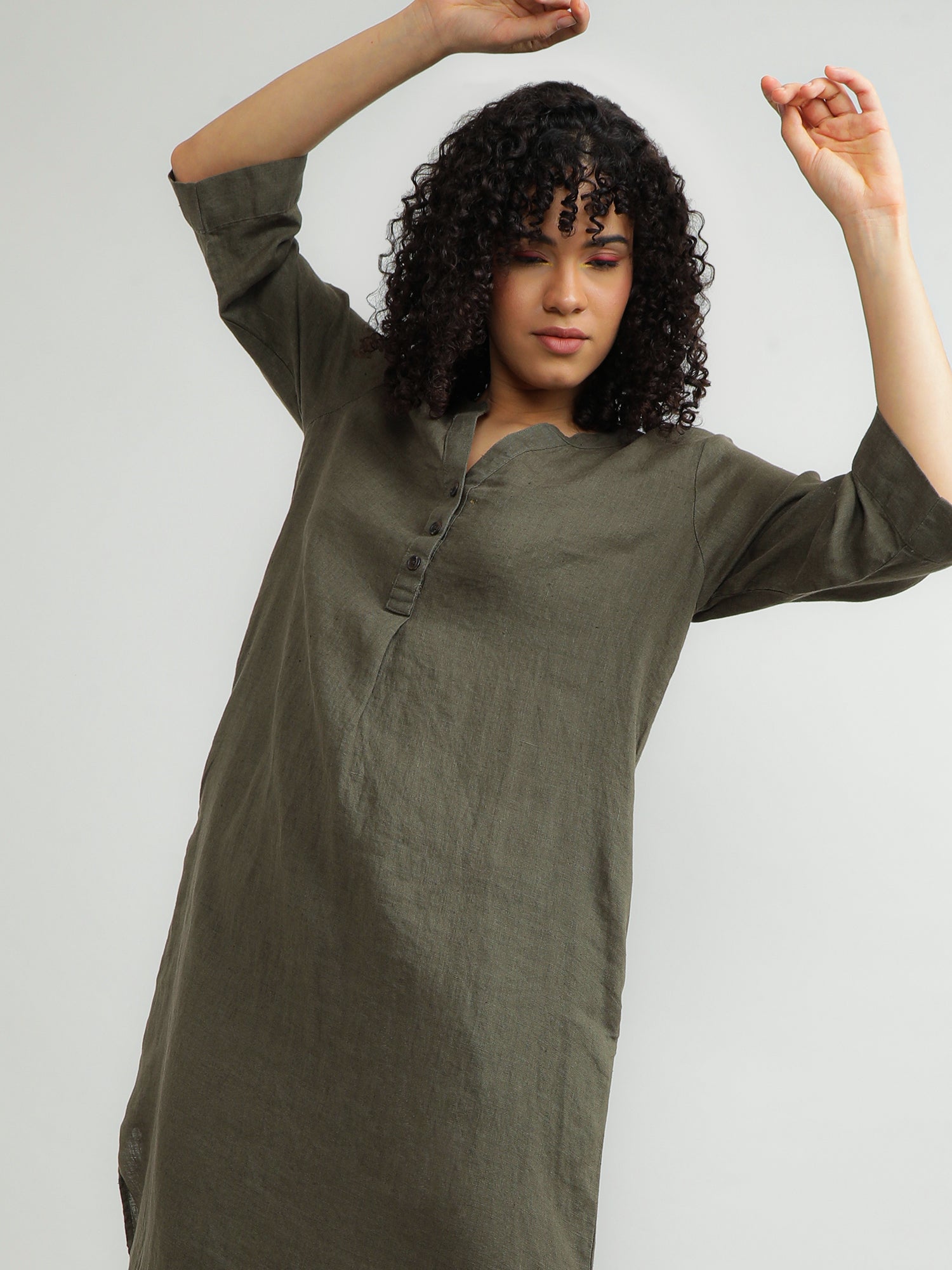 Women Linen Olive Relaxed Dress