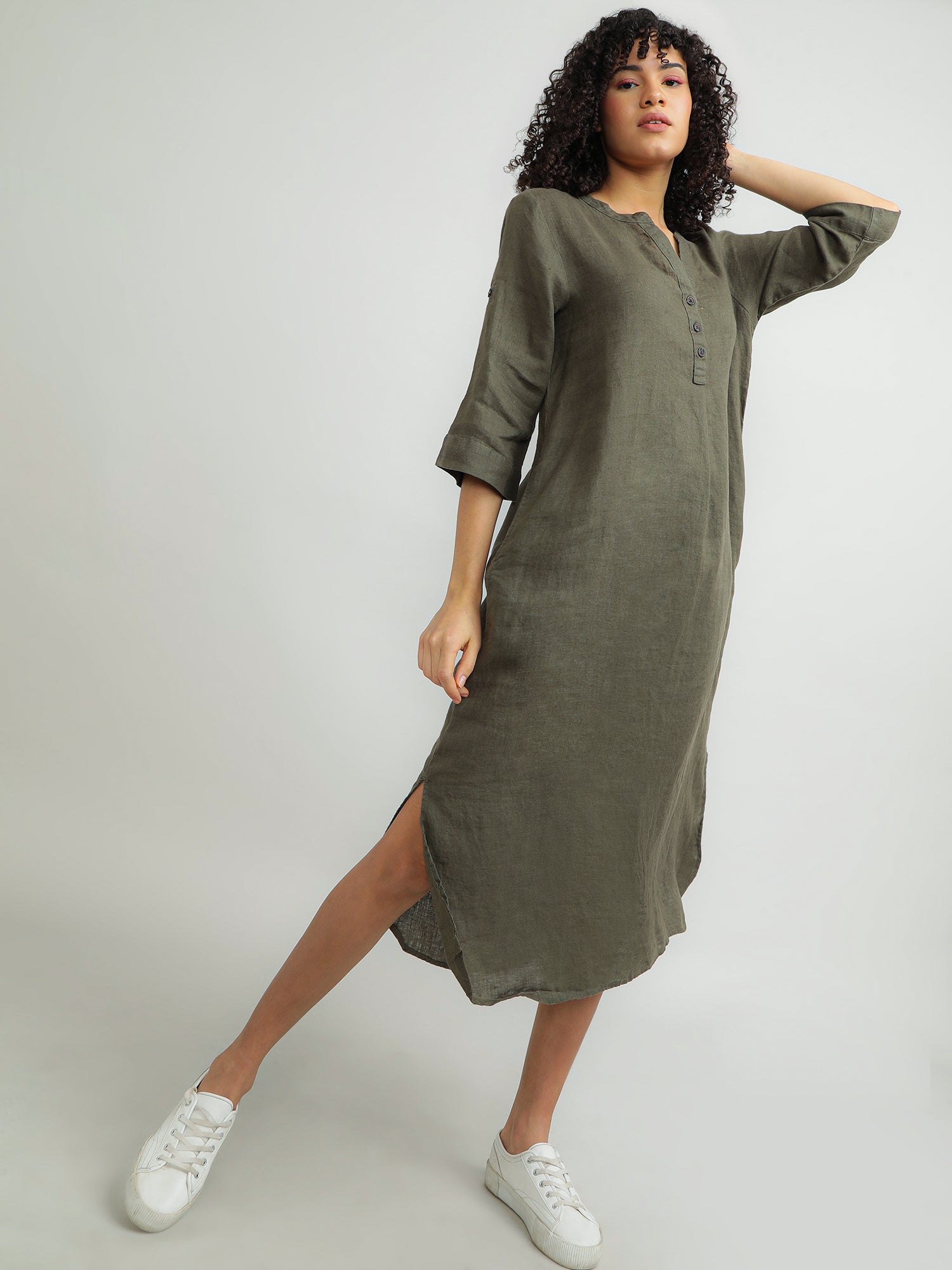 Women Linen Olive Relaxed Dress