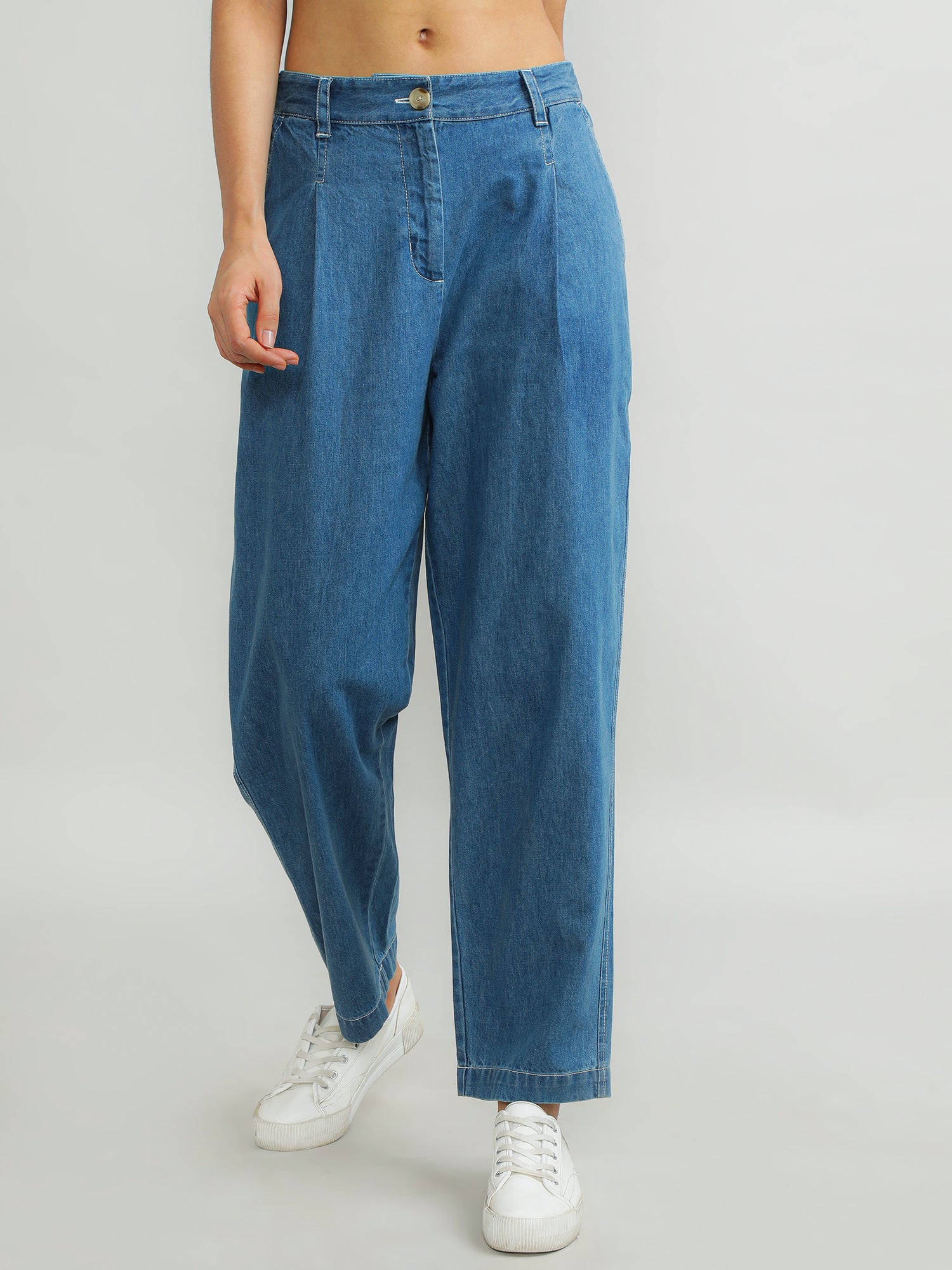 Women Cotton Blue Classic Pants