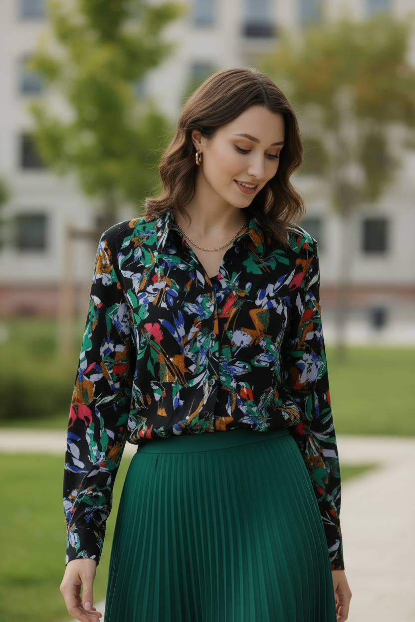 Women Viscose Black Printed Shirt