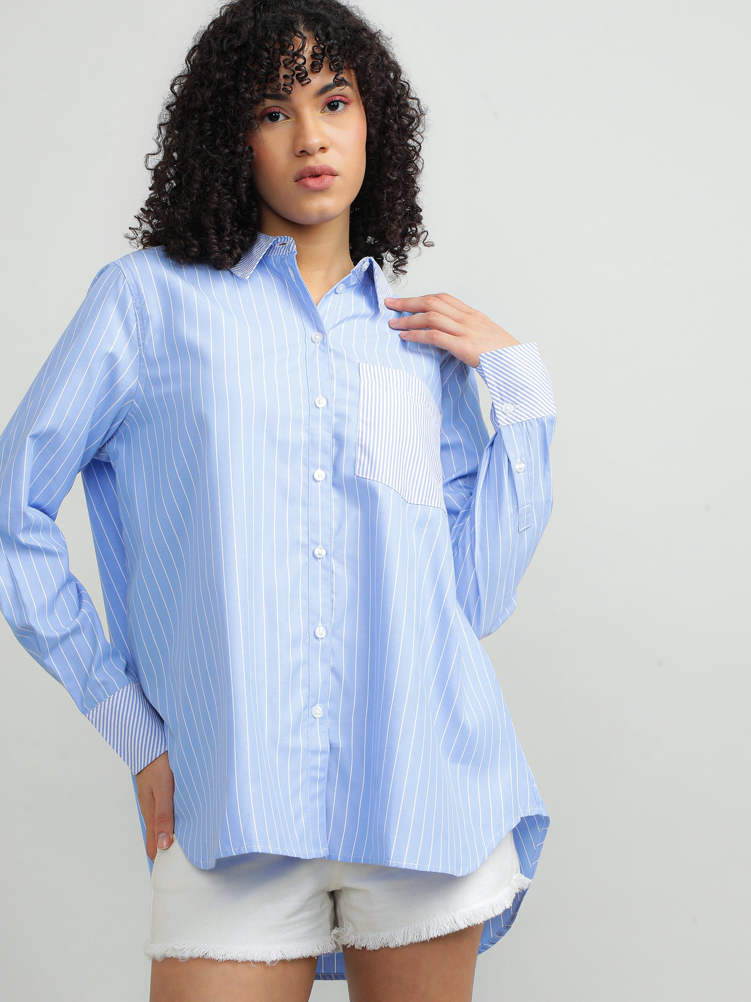 Women Polyester Blue Smart Shirt