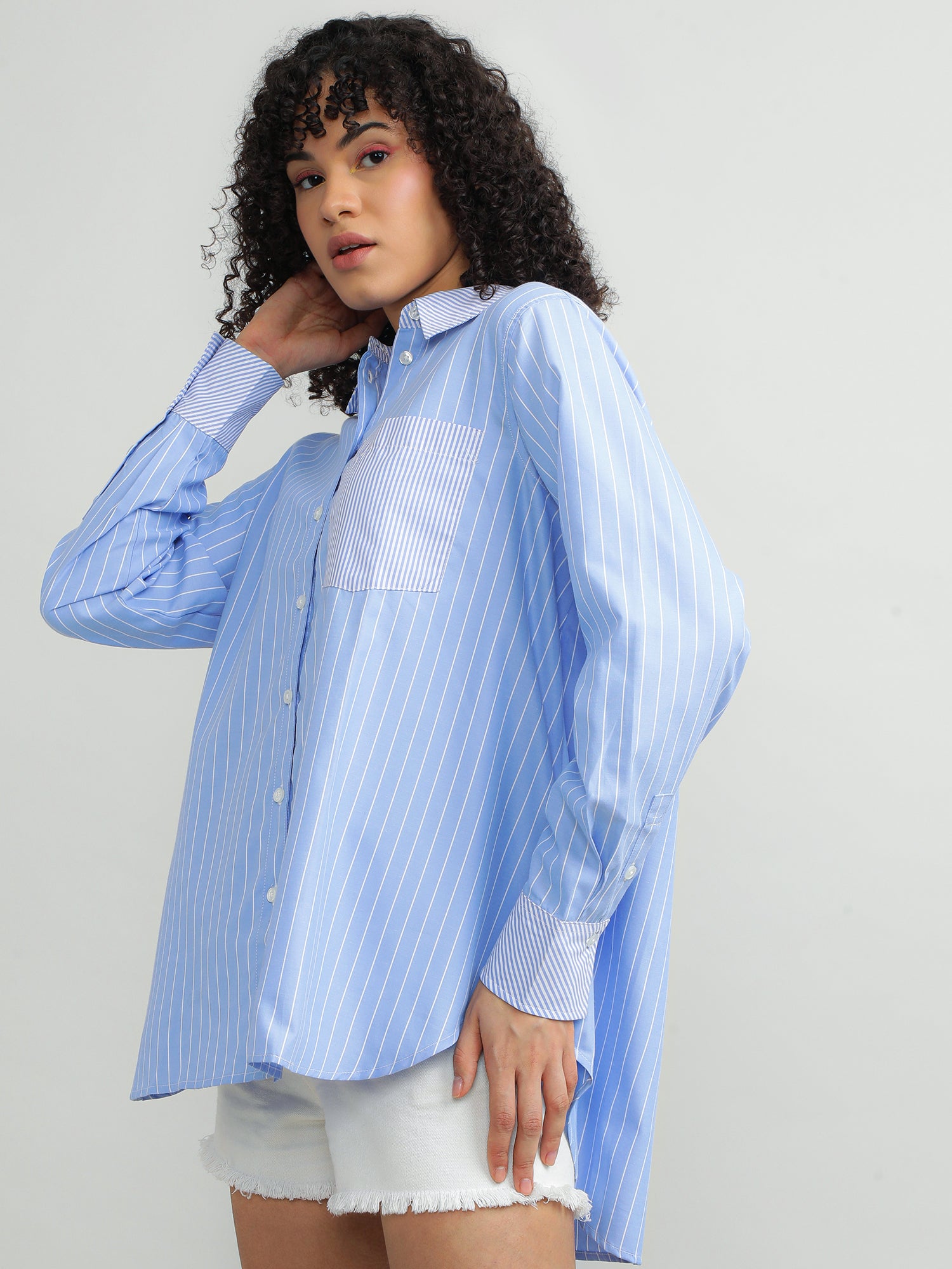 Women Polyester Blue Smart Shirt