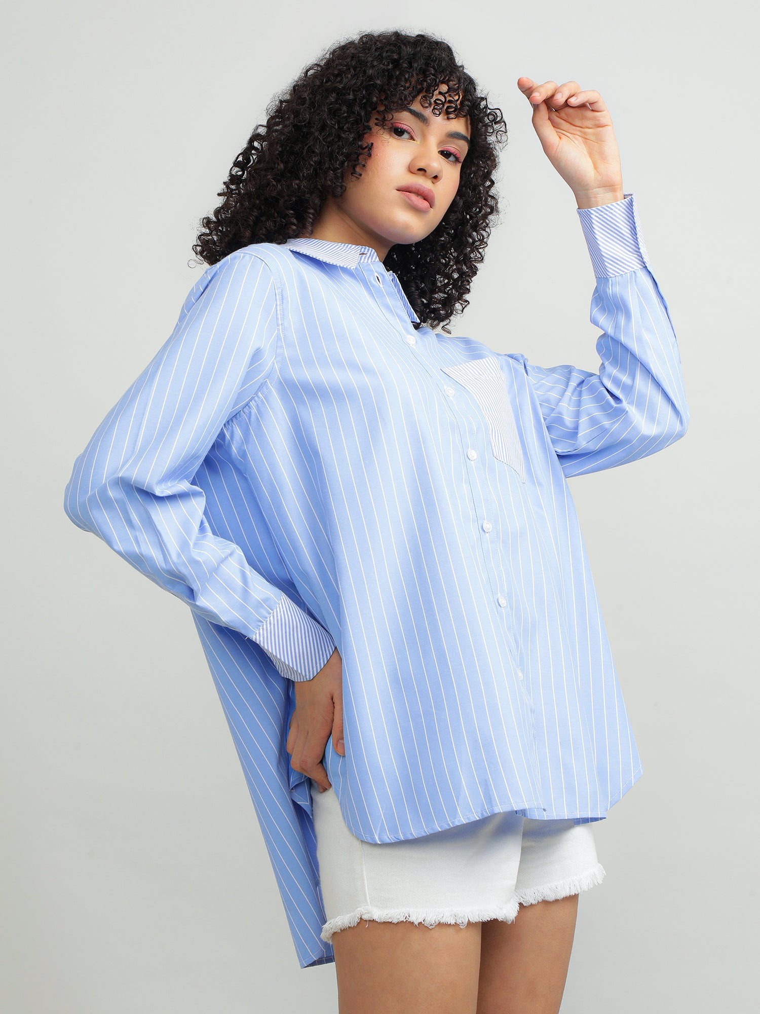 Women Polyester Blue Smart Shirt