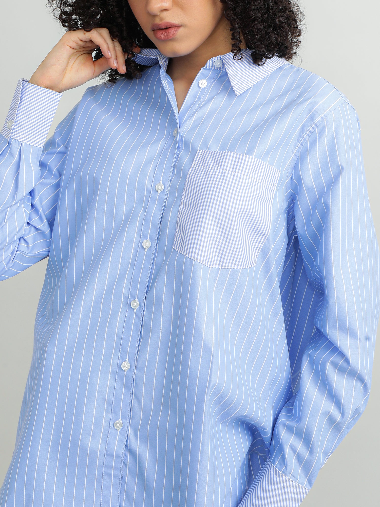 Women Polyester Blue Smart Shirt