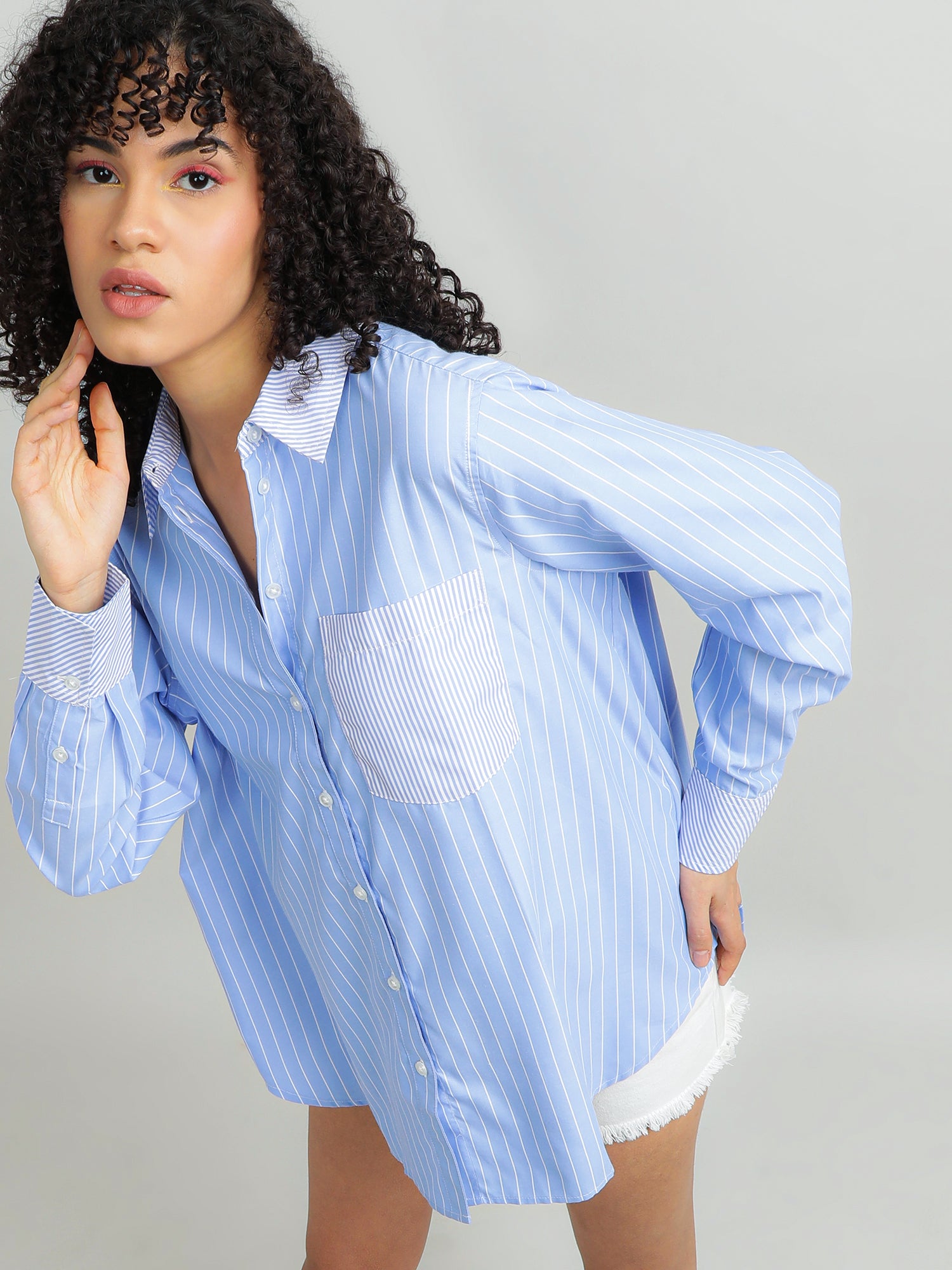 Women Polyester Blue Smart Shirt