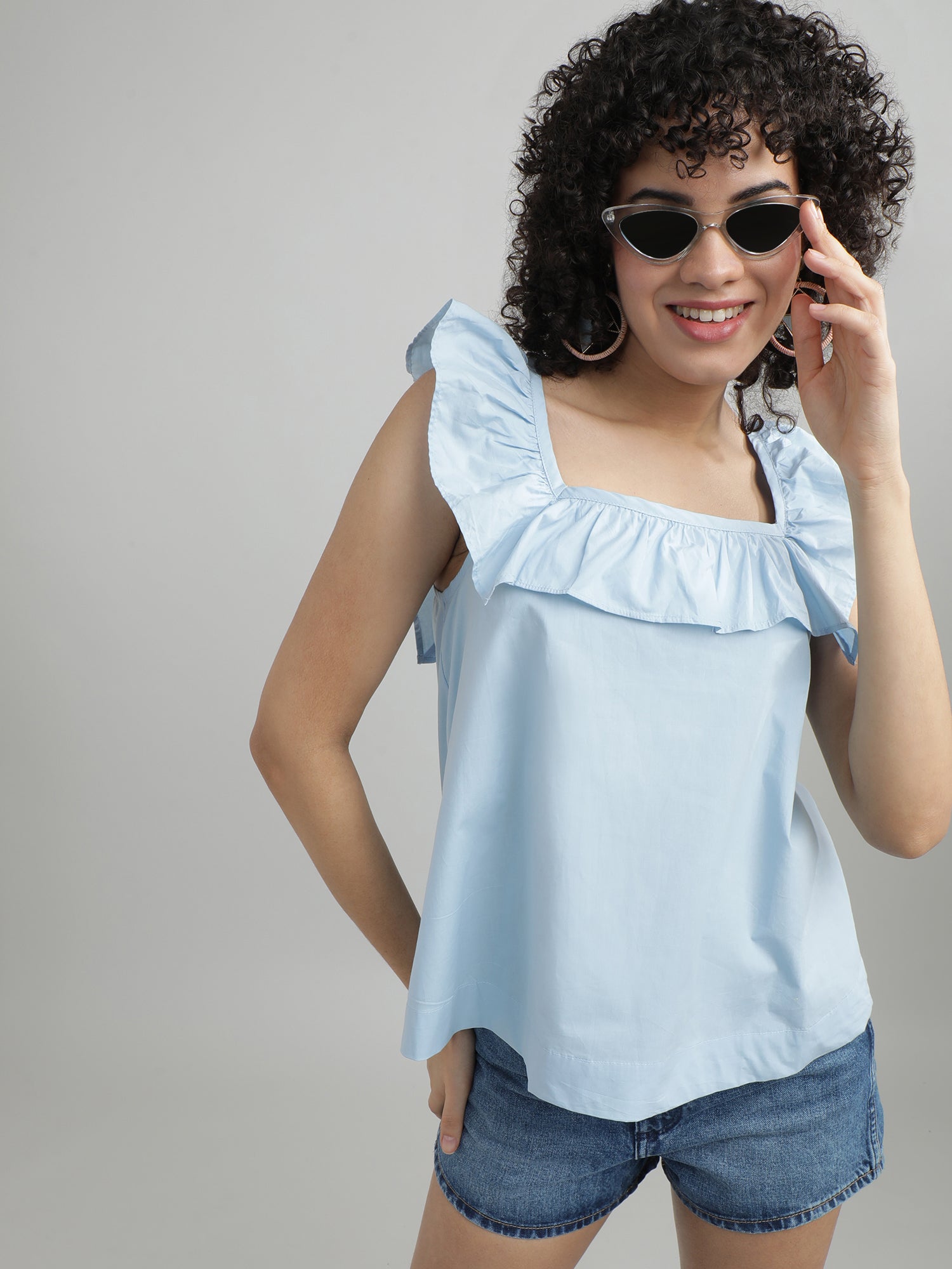 Women Cotton Blue Relaxed Top