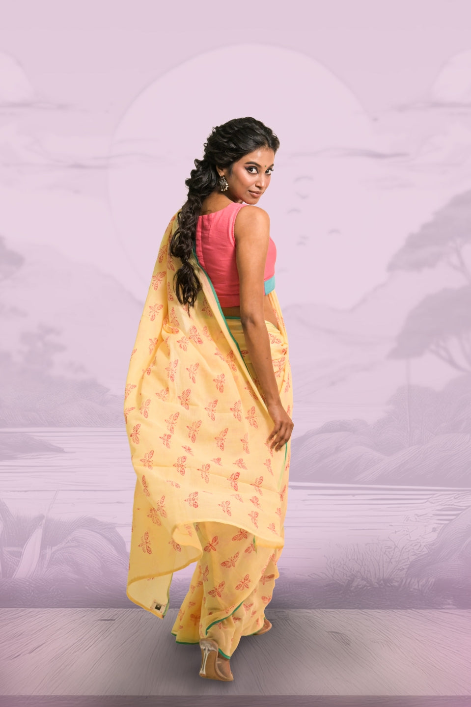 Flutterfly Soft Yellow Handloom Mul Cotton Saree with Handblock-Printed Butterfly Motifs