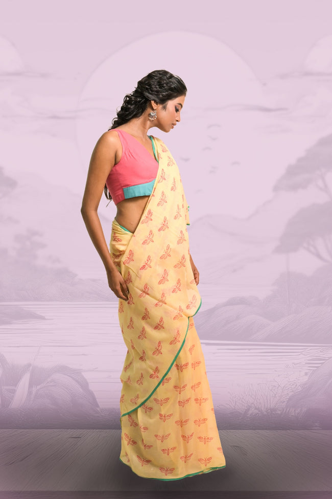 Flutterfly Soft Yellow Handloom Mul Cotton Saree with Handblock-Printed Butterfly Motifs