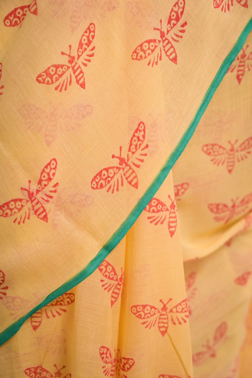 Flutterfly Soft Yellow Handloom Mul Cotton Saree with Handblock-Printed Butterfly Motifs