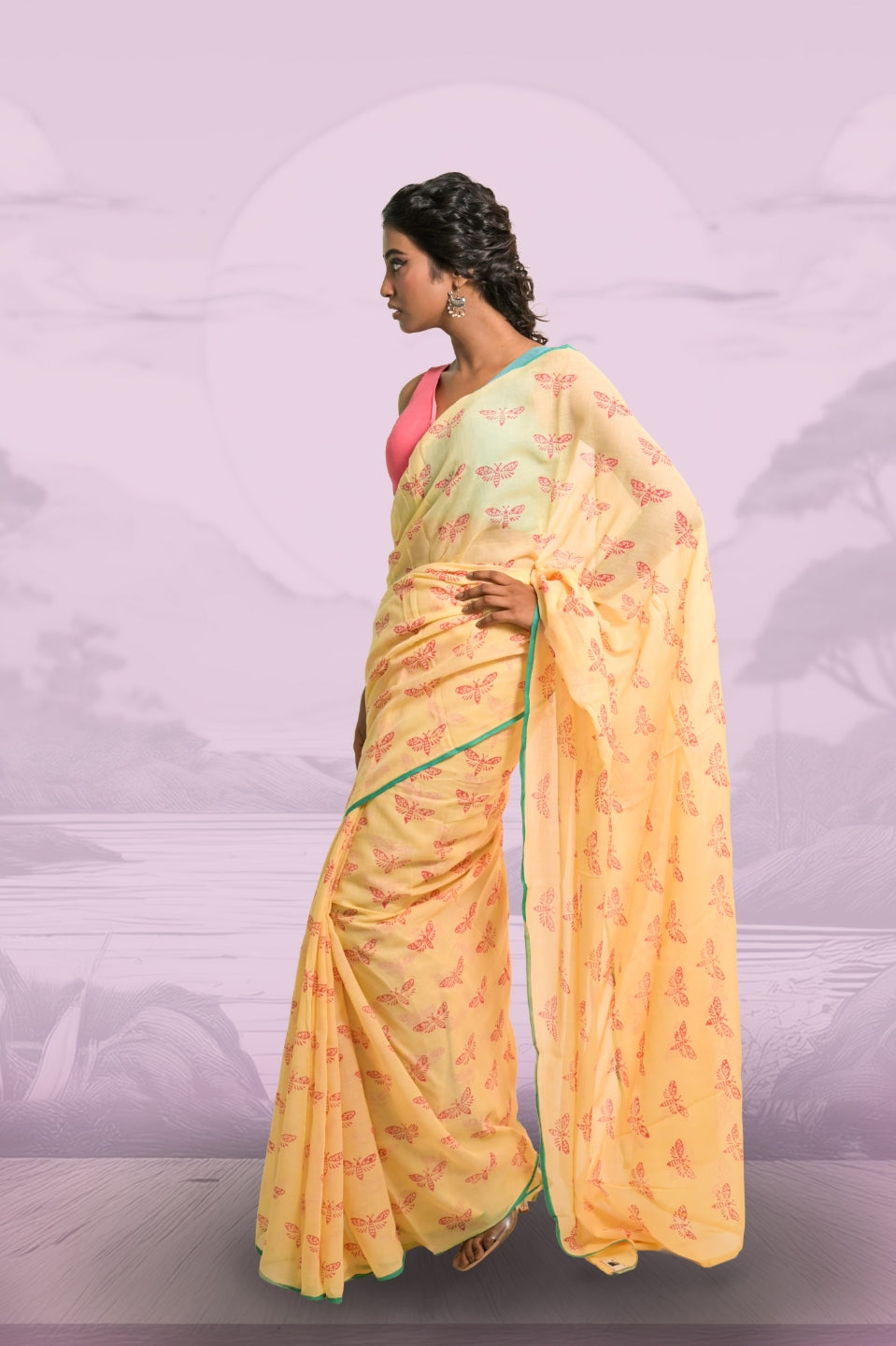 Flutterfly Soft Yellow Handloom Mul Cotton Saree with Handblock-Printed Butterfly Motifs