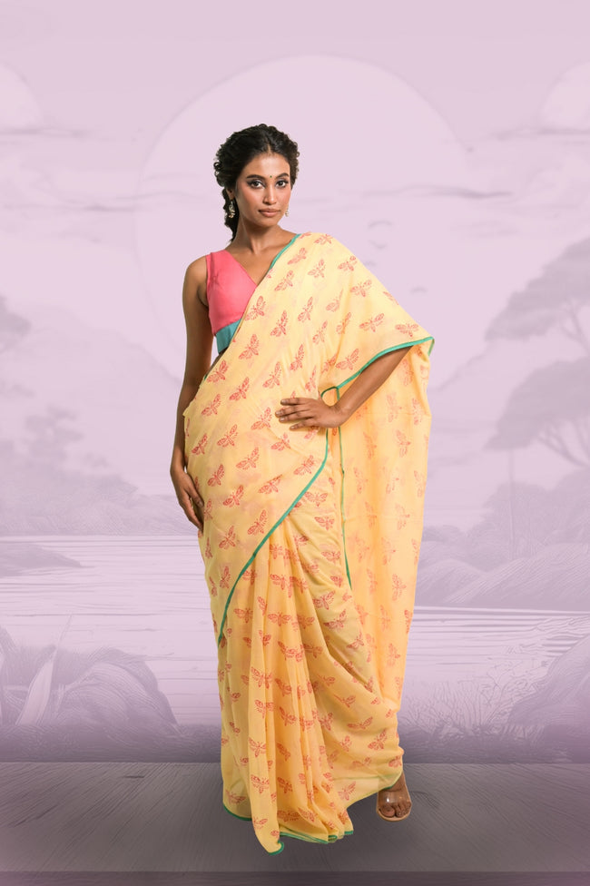 Flutterfly Soft Yellow Handloom Mul Cotton Saree with Handblock-Printed Butterfly Motifs
