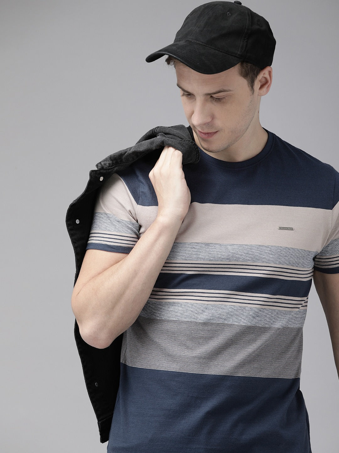 Men Blue Cotton Striped T-Shirt