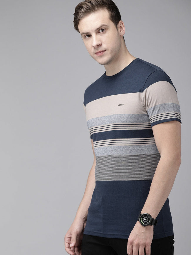 Men Blue Cotton Striped T-Shirt