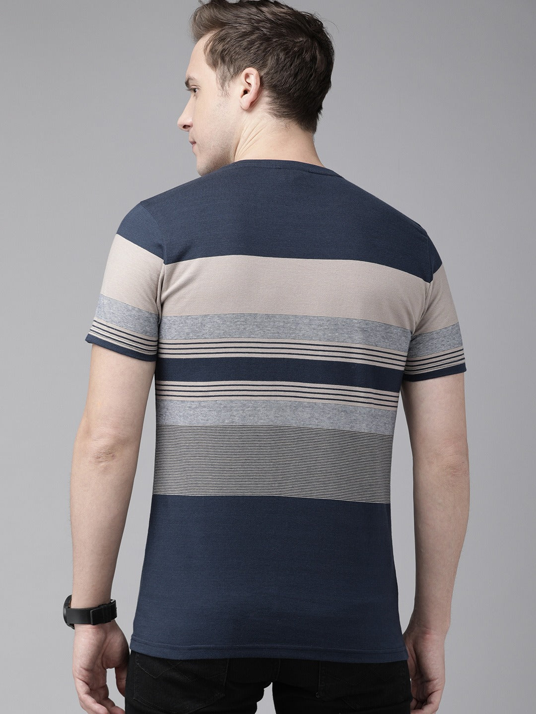 Men Blue Cotton Striped T-Shirt
