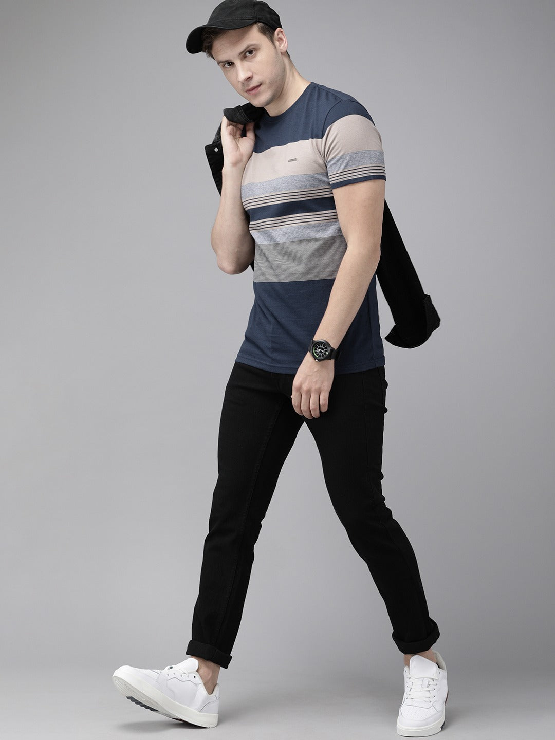 Men Blue Cotton Striped T-Shirt