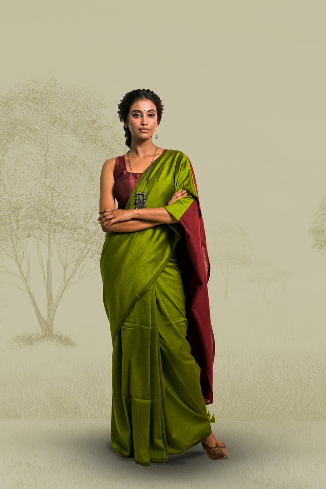 Geet Suhani Olive Green Handloom Cotton Acrylic Saree