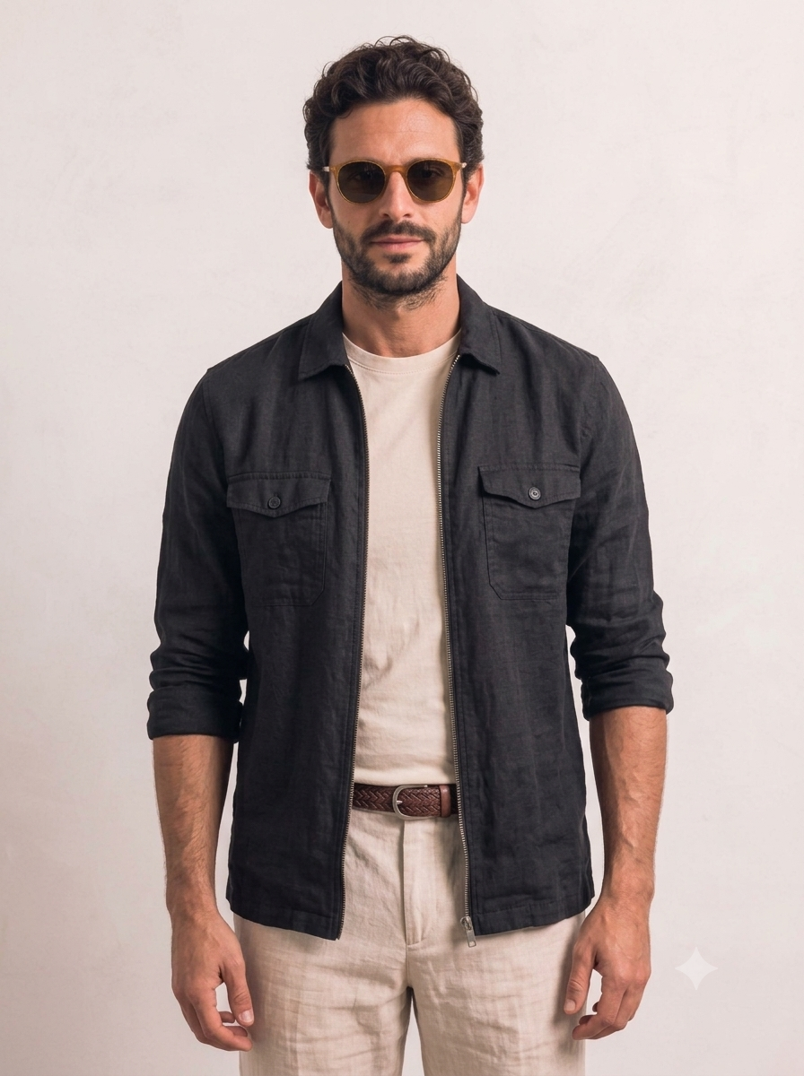 Men Linen Black Regular Shacket