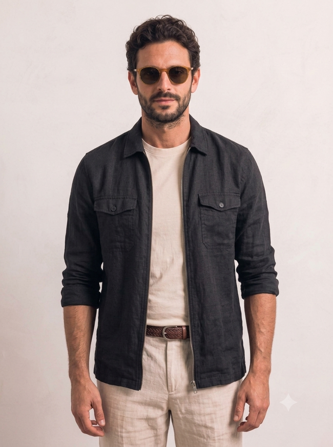 Men Linen Black Regular Shacket