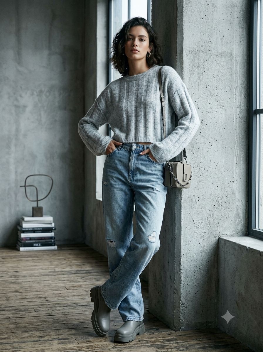Women Grey Drop Shoulder Sweater