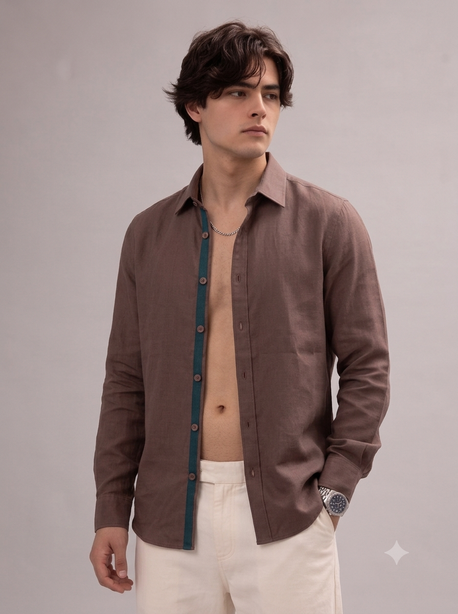 Men Brown 100% Linen Shirt