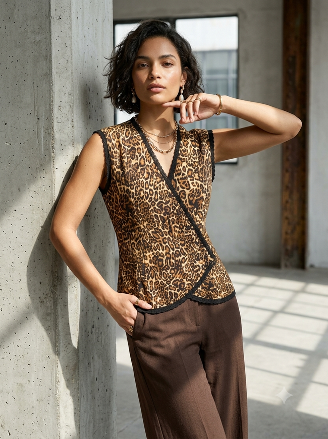 Women Wild Print Lace Wrap Top
