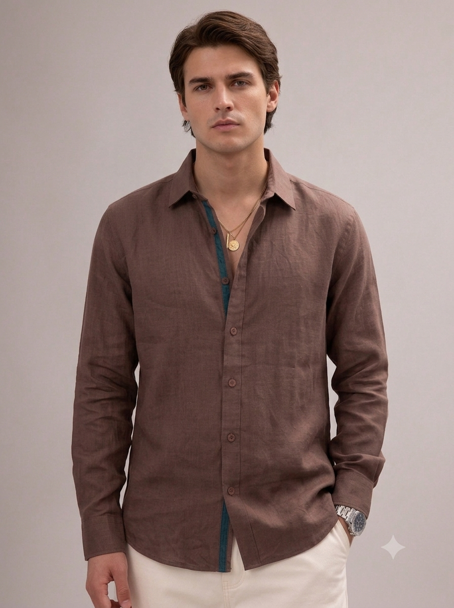 Men Brown 100% Linen Shirt