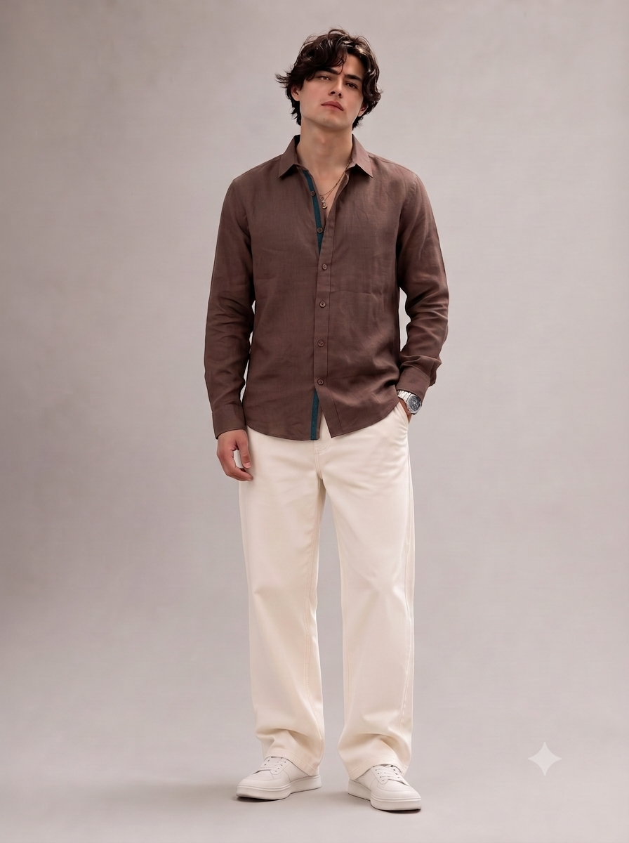 Men Brown 100% Linen Shirt