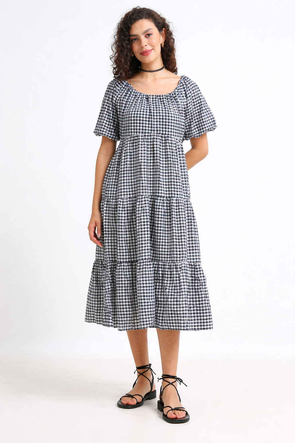 Women Gingham Check Tier Dress