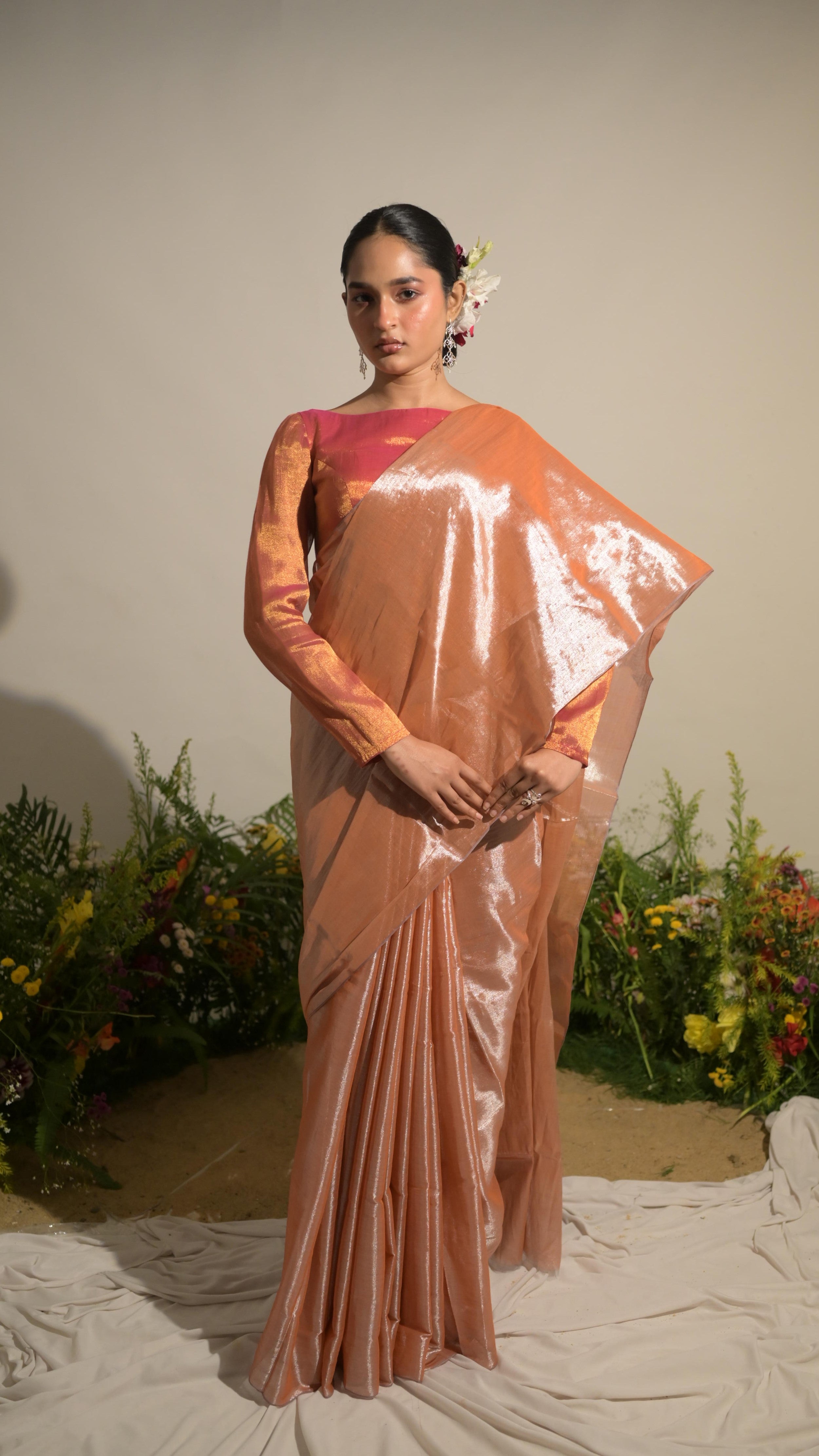 Gulmohar Mirage Neon Orange Tissue Saree