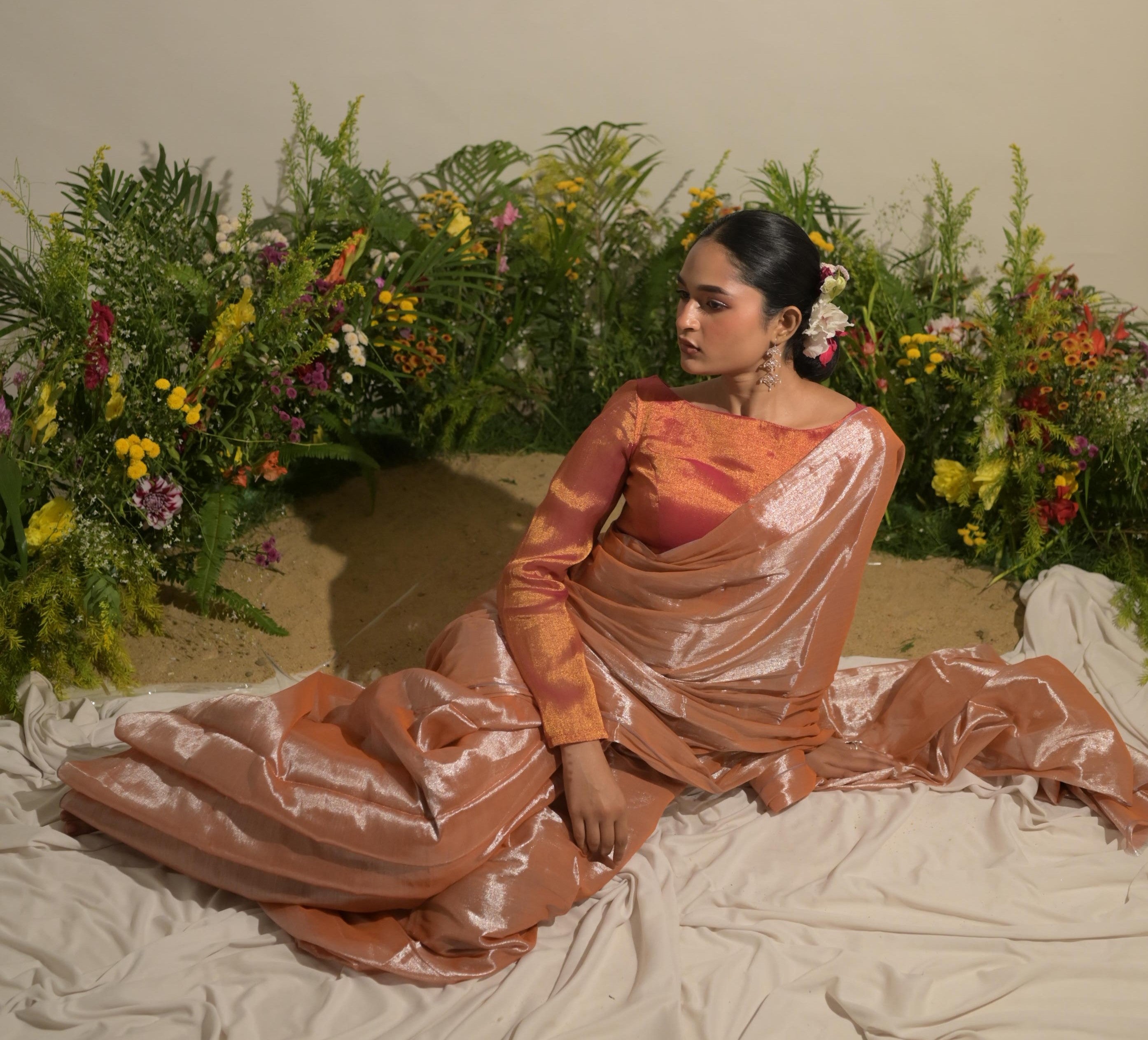 Gulmohar Mirage Neon Orange Tissue Saree