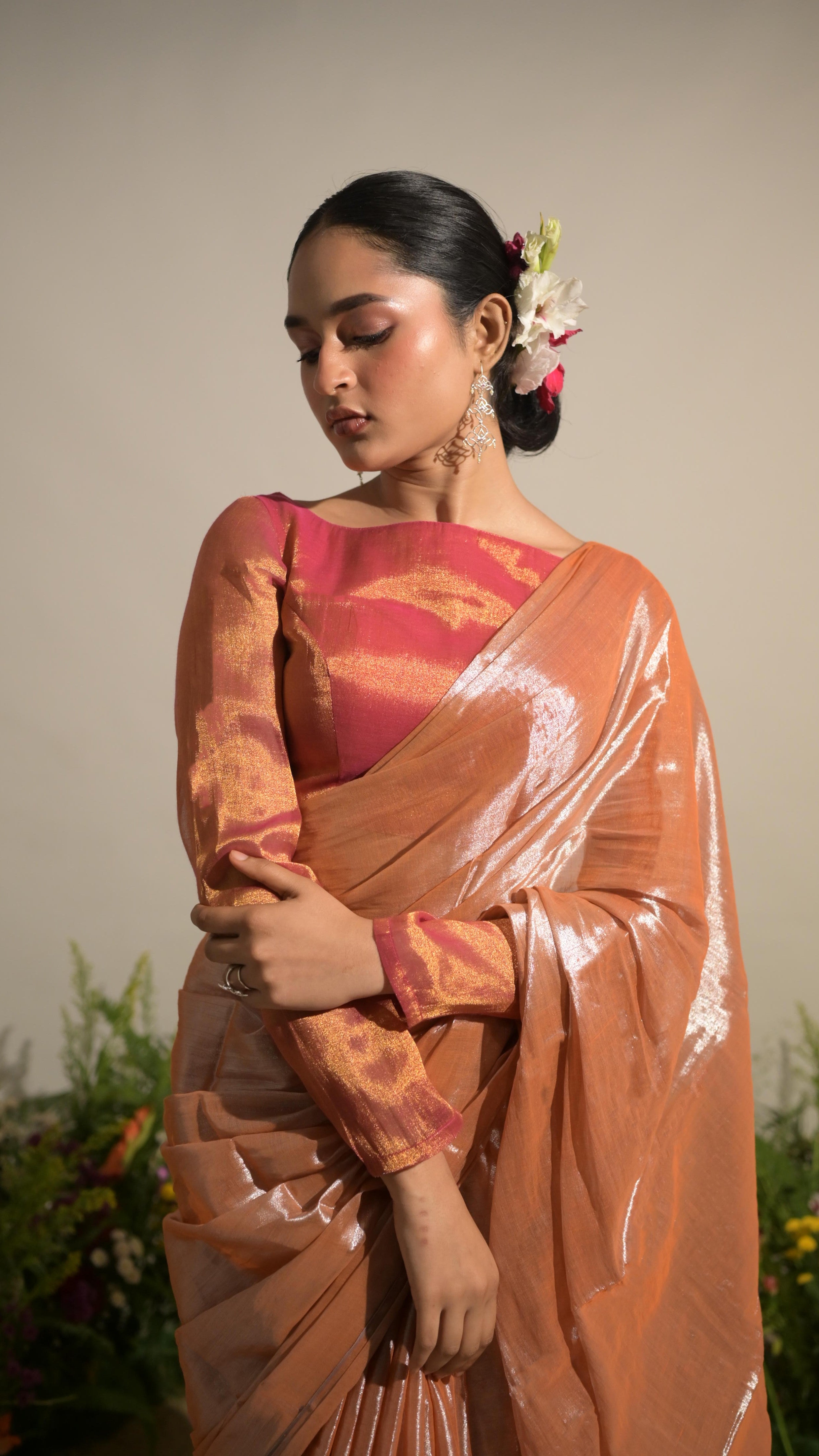 Gulmohar Mirage Neon Orange Tissue Saree