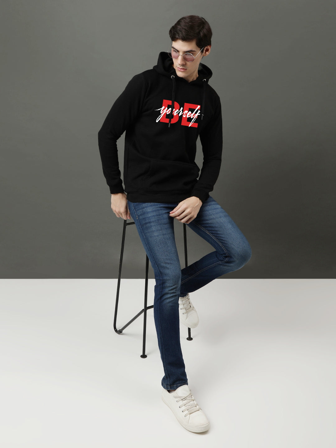 Men Black Be Yourself ton Printed Hoodie