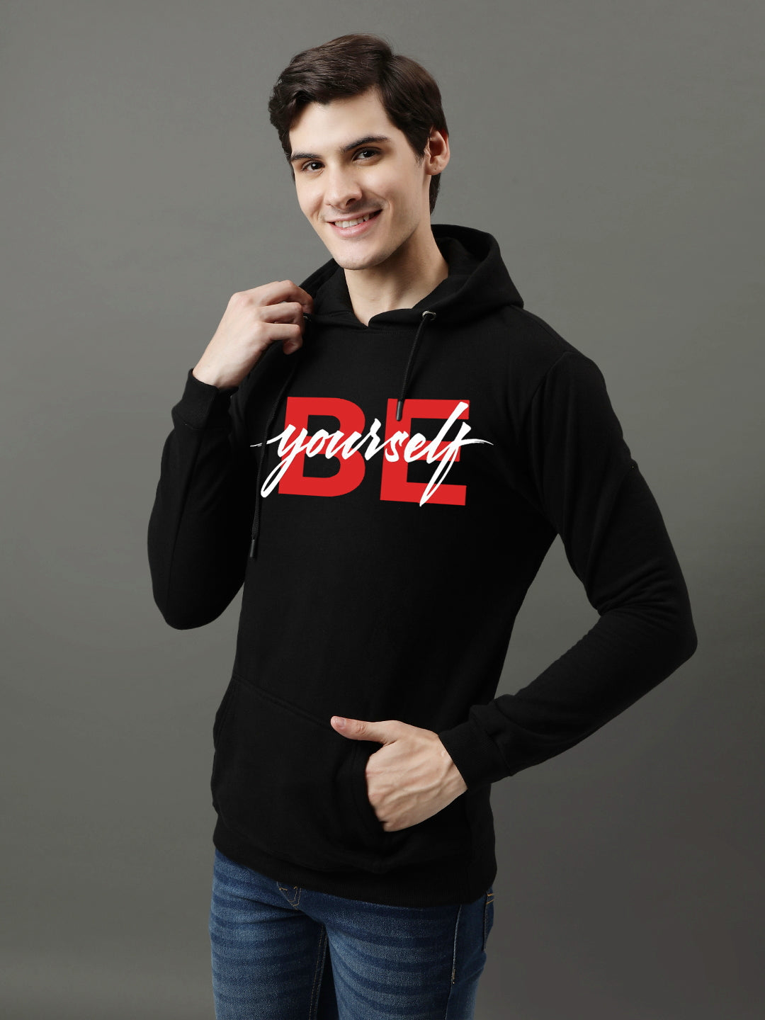Men Black Be Yourself ton Printed Hoodie