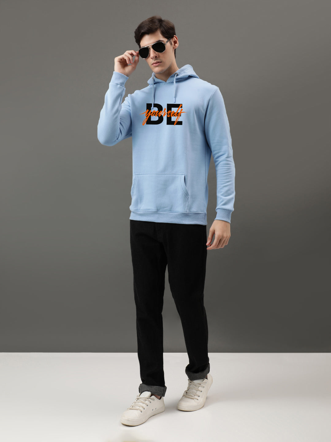 Men Blue Be Yourself ton Printed Hoodie