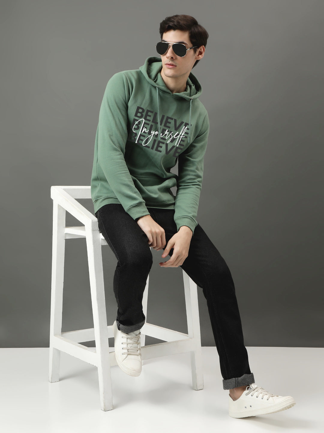 Men Green Printed Hoodie