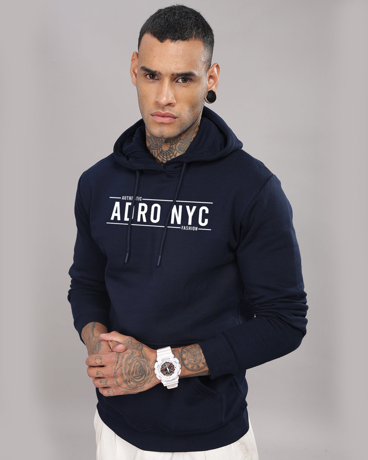 Men Navy Blue Printed Hoodie
