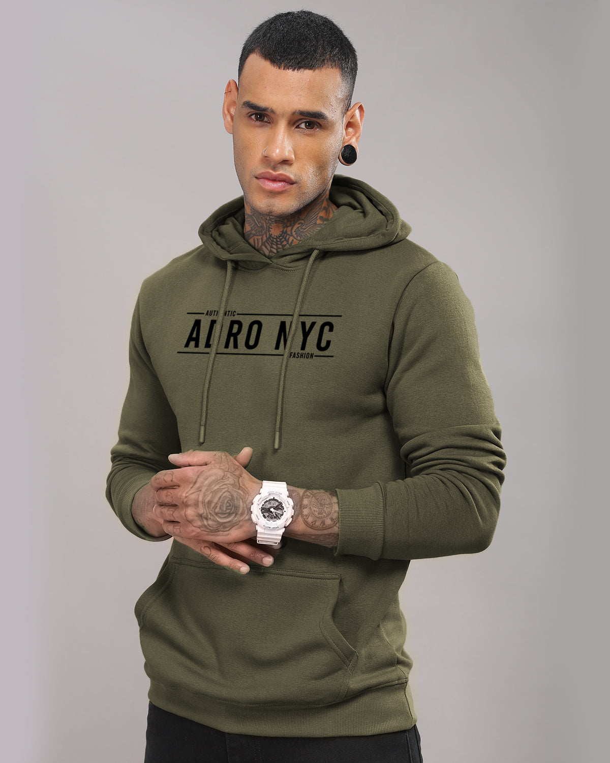 Men Olive Printed Hoodie
