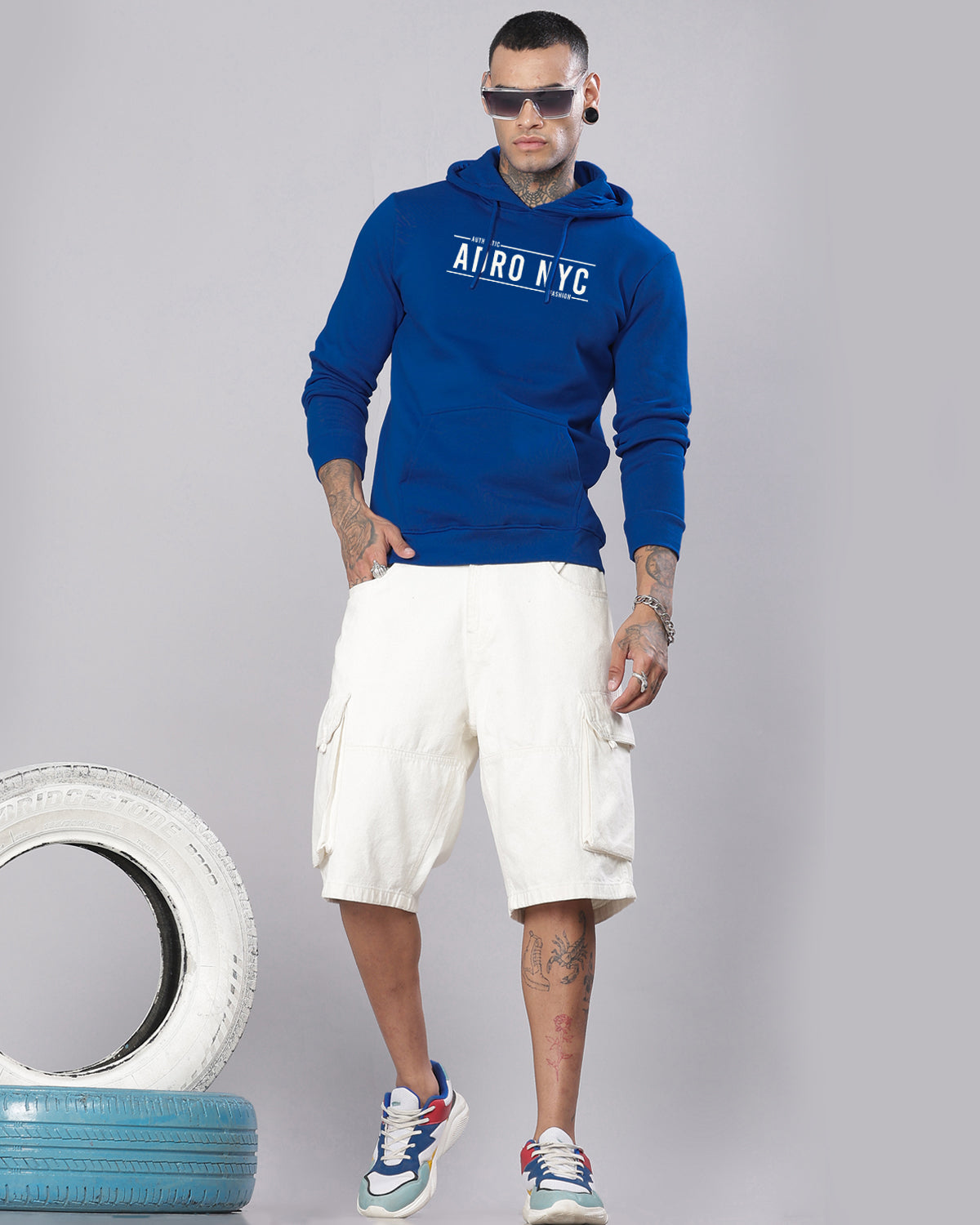 Men Blue Printed Hoodie