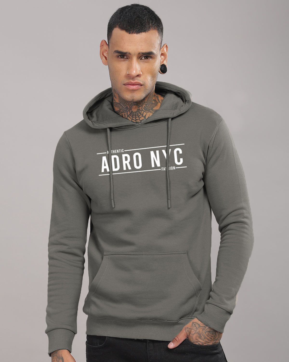Men Steel Grey Printed Hoodie