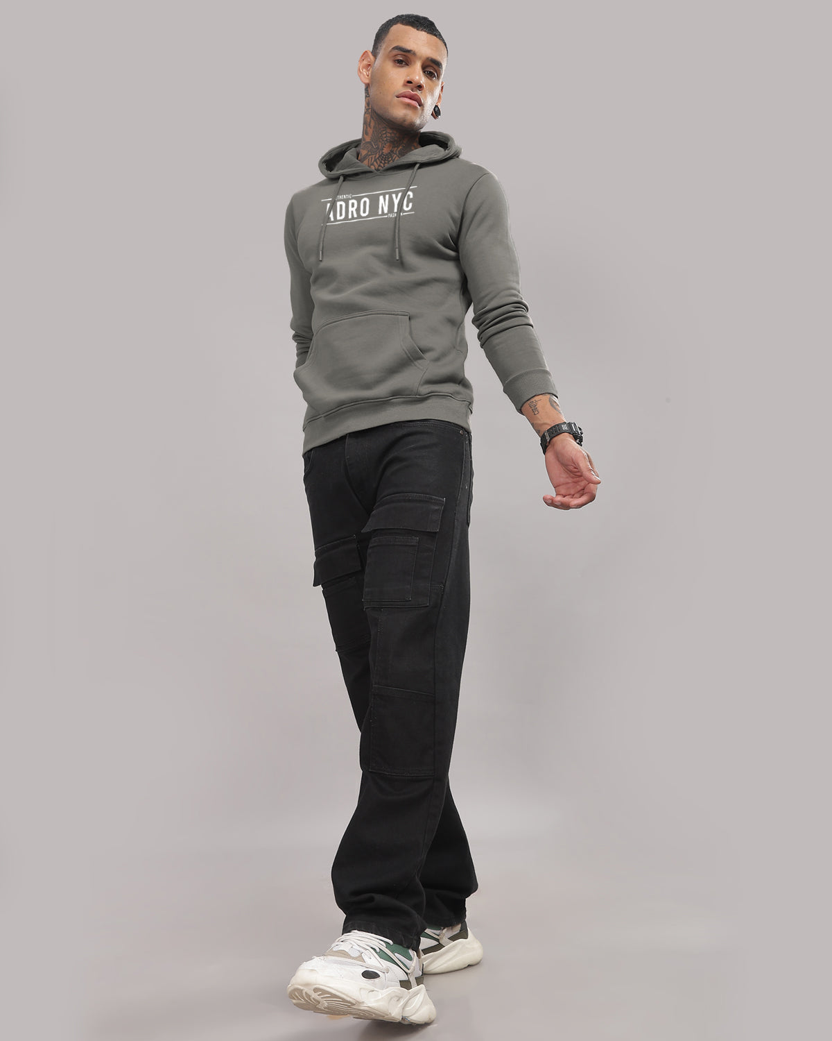 Men Steel Grey Printed Hoodie