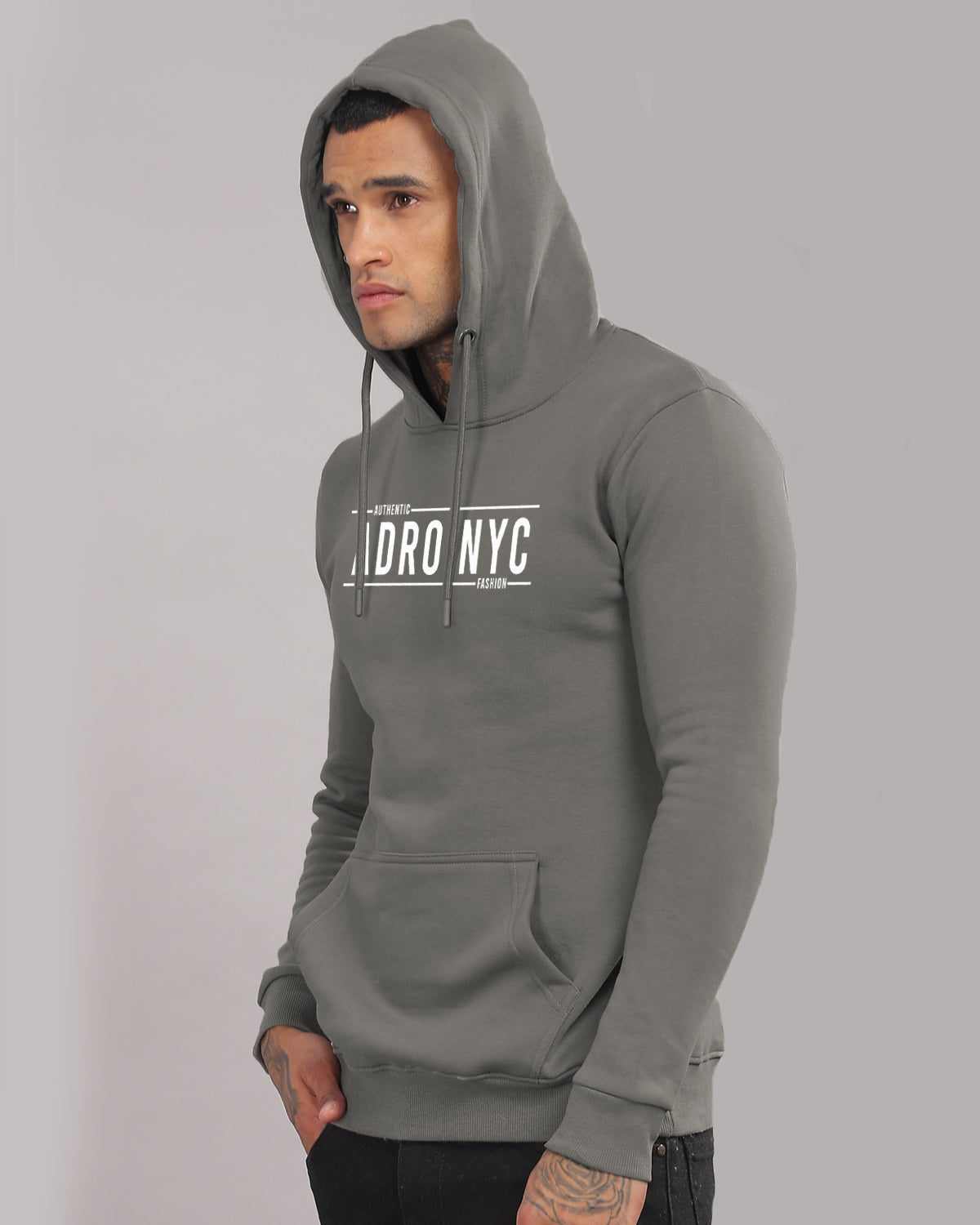Men Steel Grey Printed Hoodie
