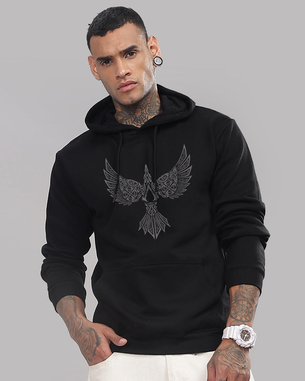 Men Black Printed Hoodie