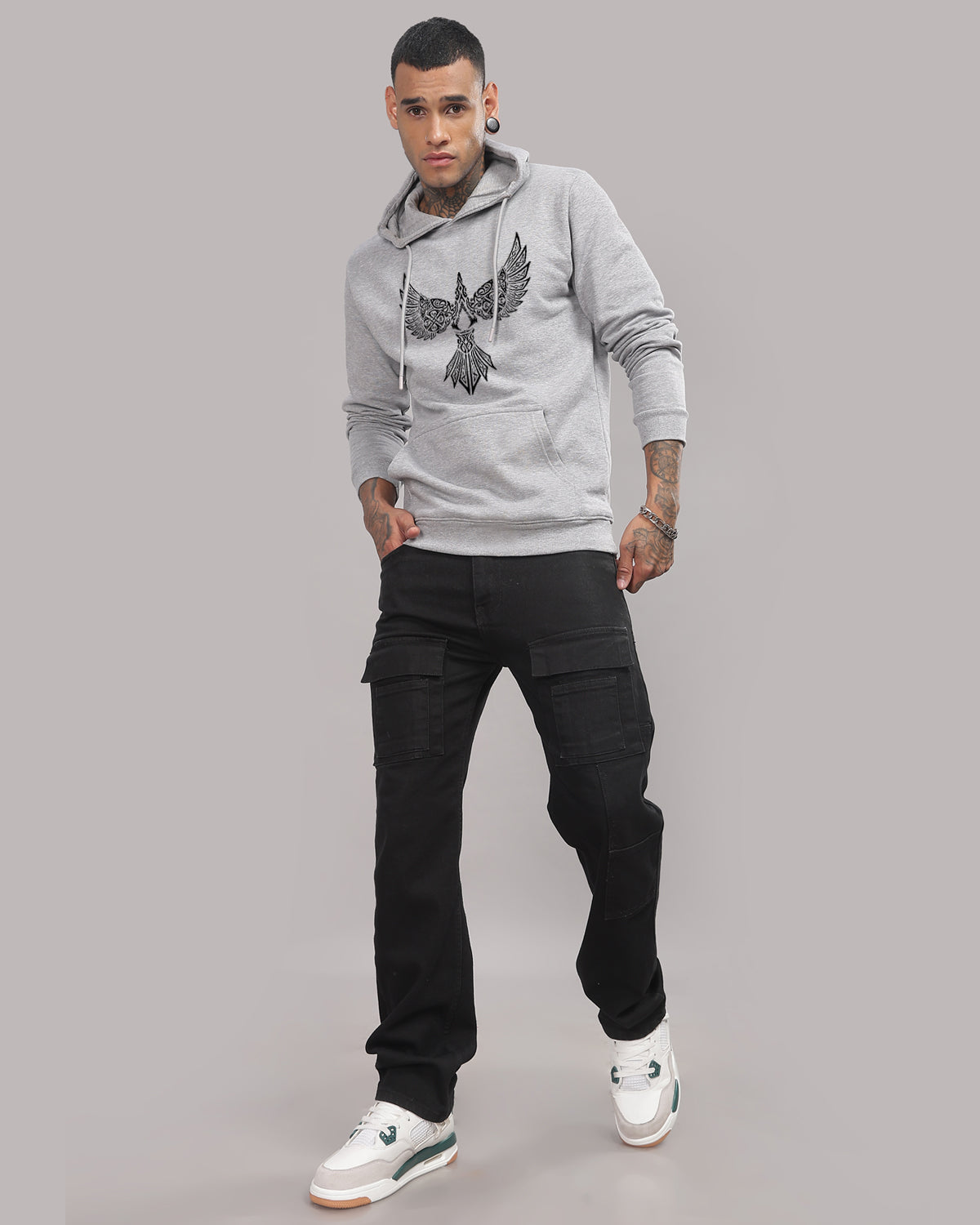 Men Grey Printed Hoodie