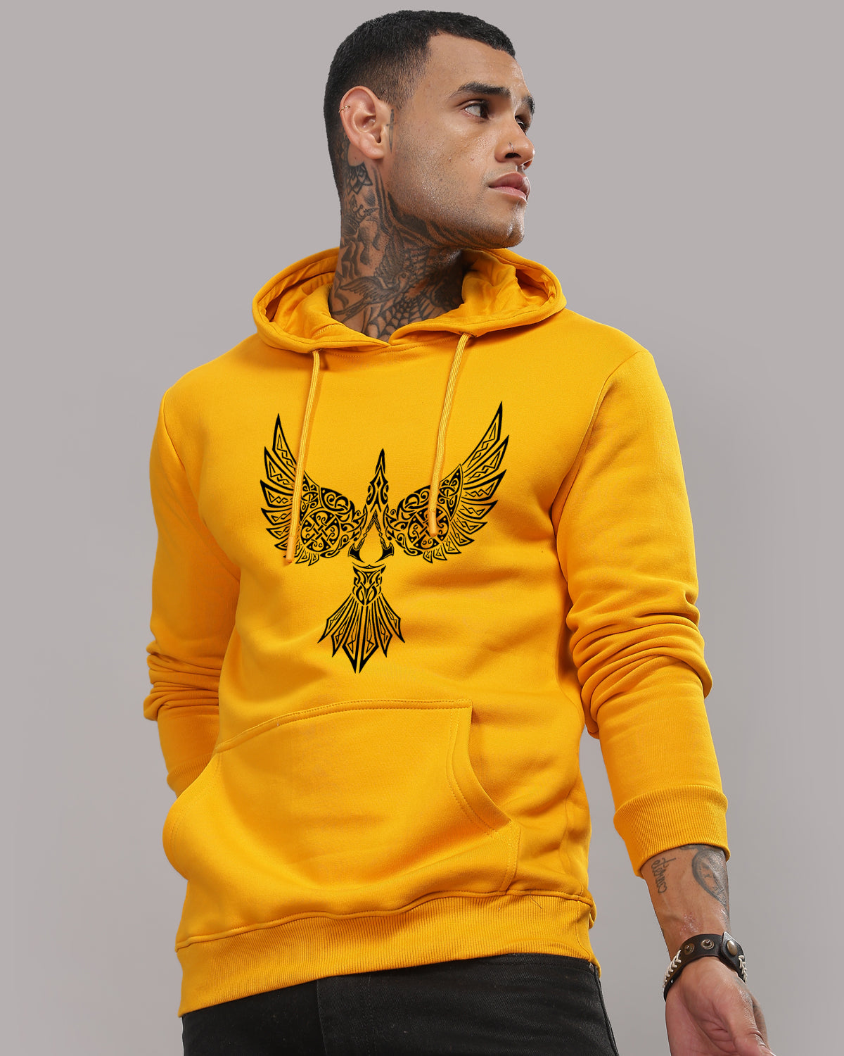Men Mustard Printed Hoodie