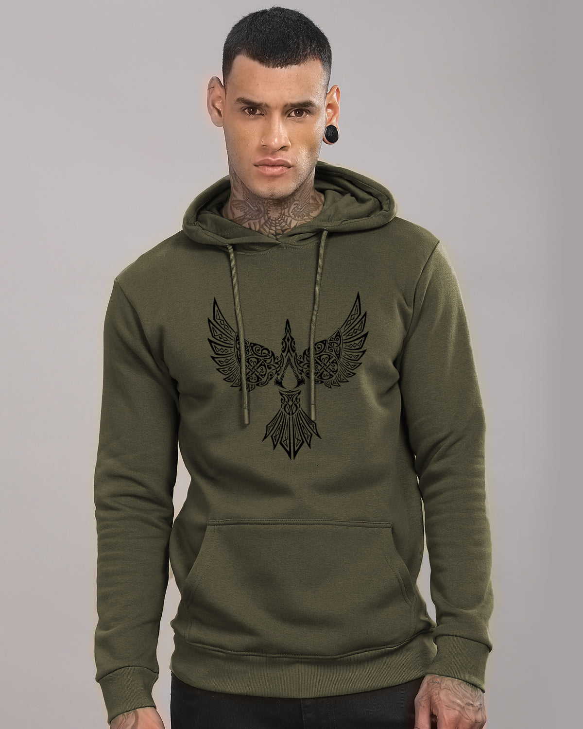 Men Olive Printed Hoodie