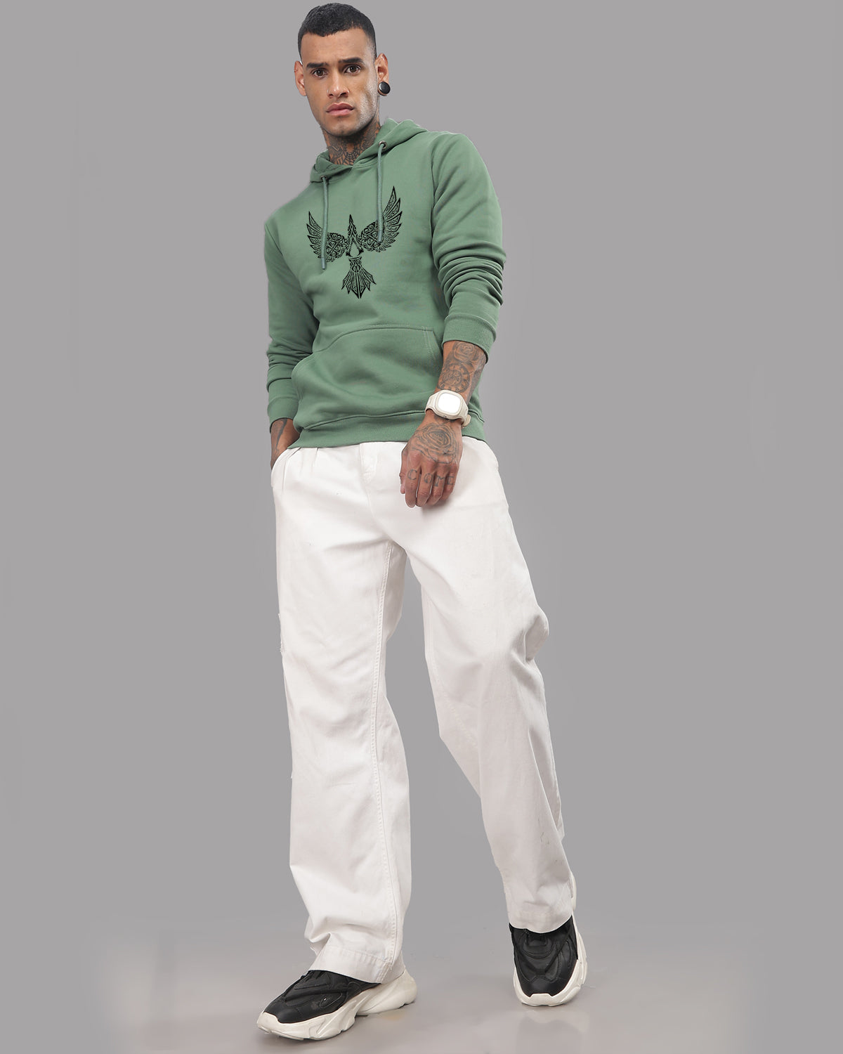 Men Green Printed Hoodie