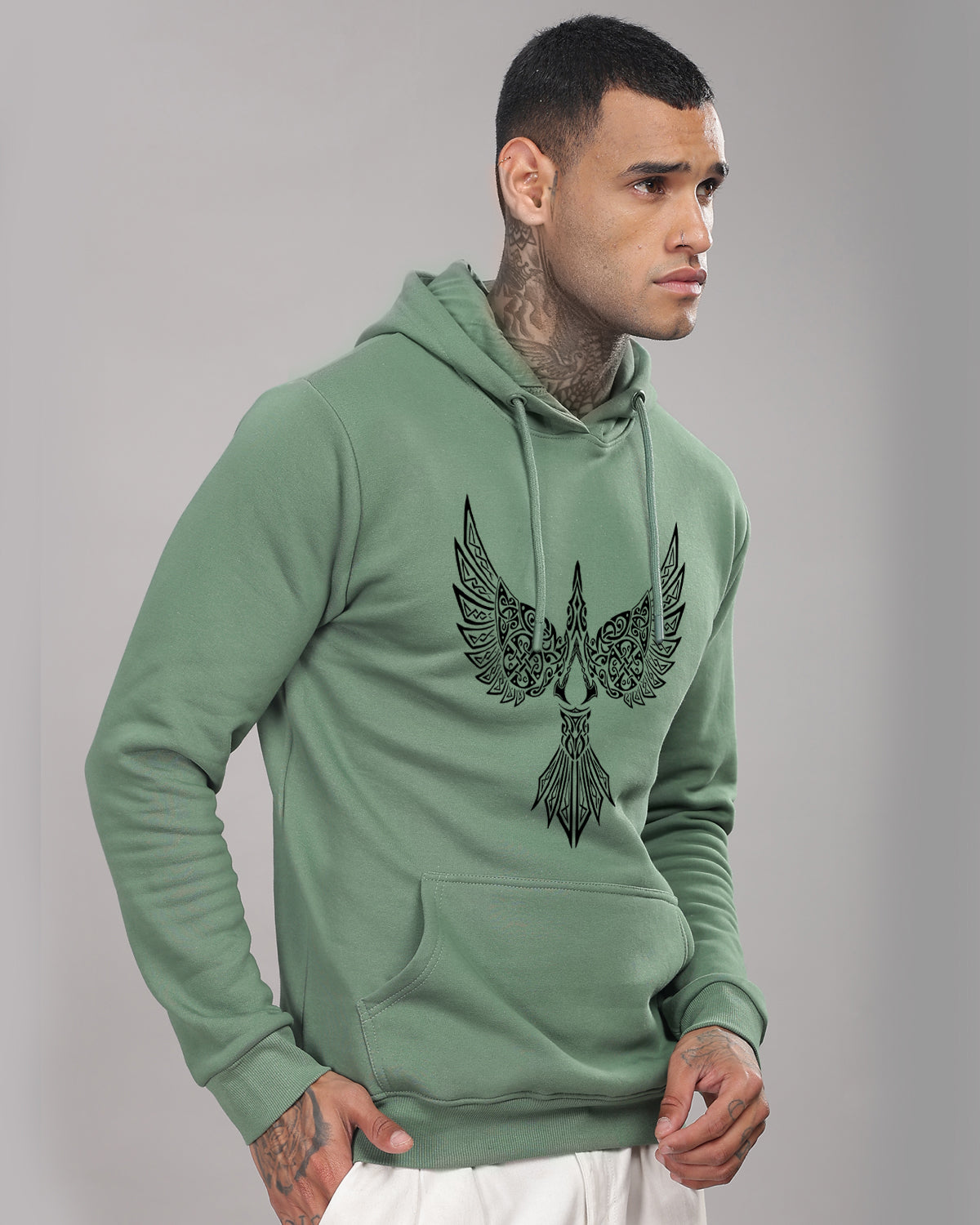 Men Green Printed Hoodie